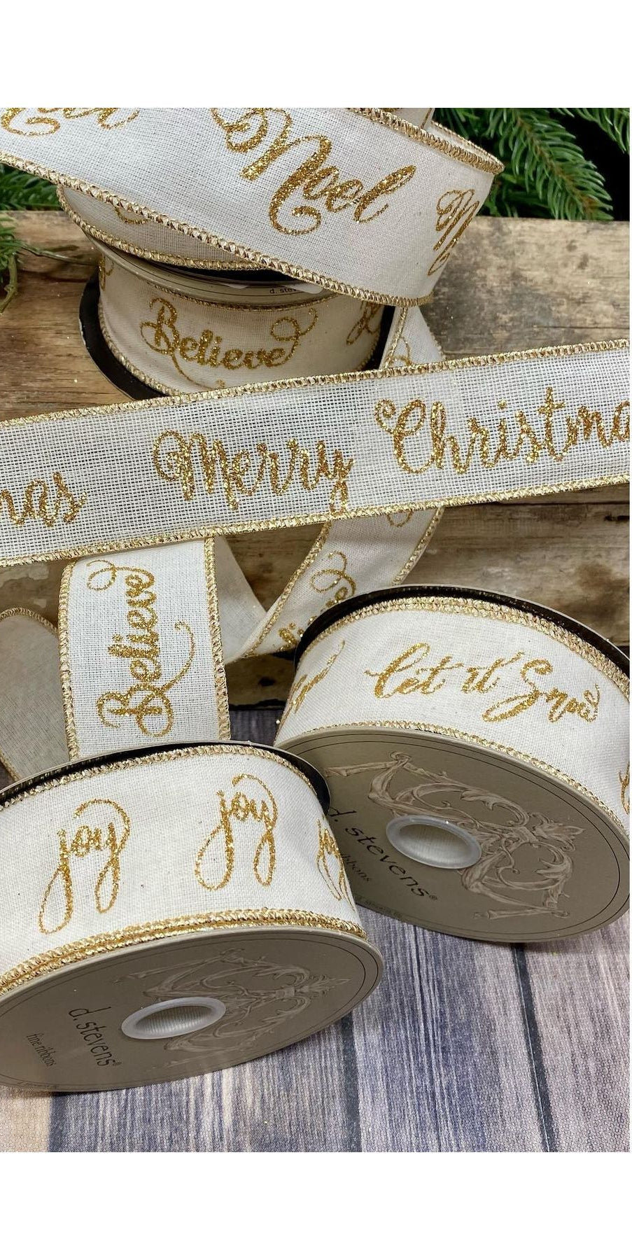 1.5" Cotton Linen Believe Ribbon: Ivory/Gold (10 Yards) - Michelle's aDOORable Creations - Wired Edge Ribbon
