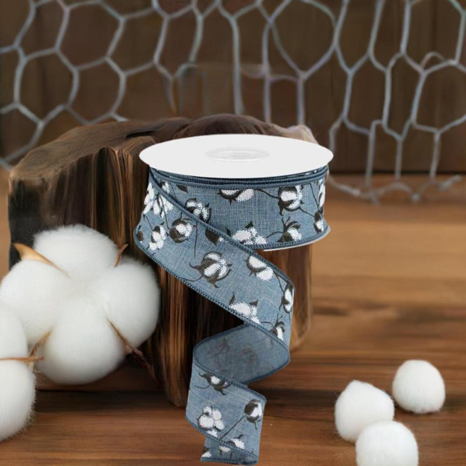 1.5" Cotton Pod Ribbon: Faded Denim & White (10 Yards)