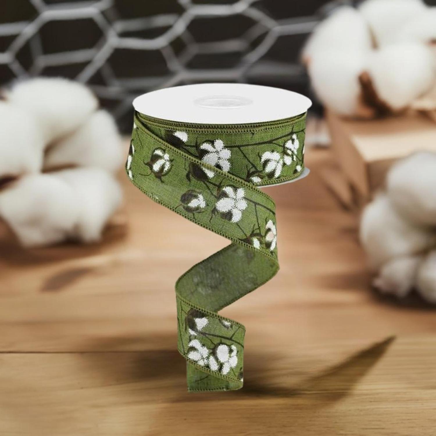 1.5" Cotton Pod Ribbon: Moss Green & White (10 Yards)