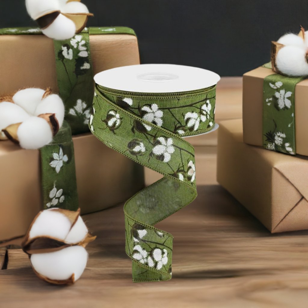 Shop For 1.5" Cotton Pod Ribbon: Moss Green & White (10 Yards) at Michelle's aDOORable Creations