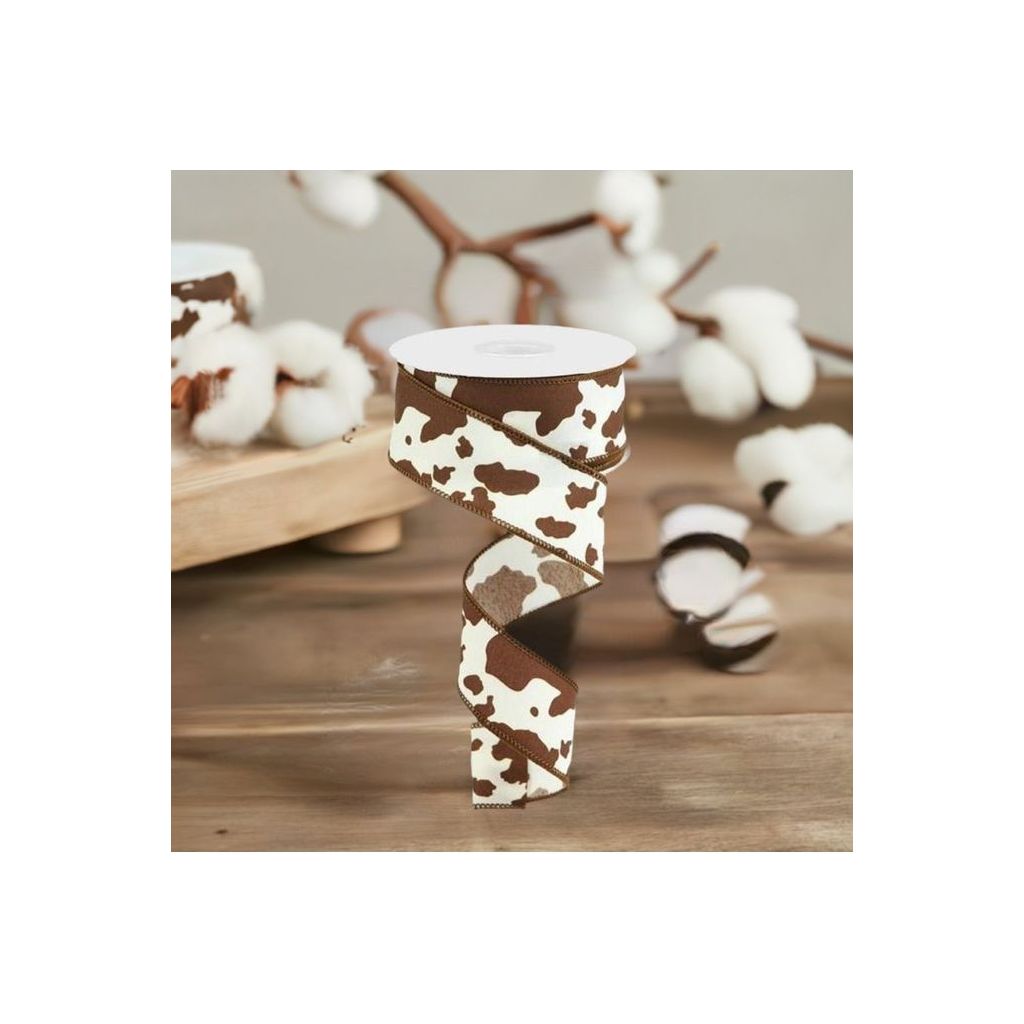 1.5" Cowhide Print Ribbon: Brown & Ivory (10 Yards) - Michelle's aDOORable Creations - Wired Edge Ribbon