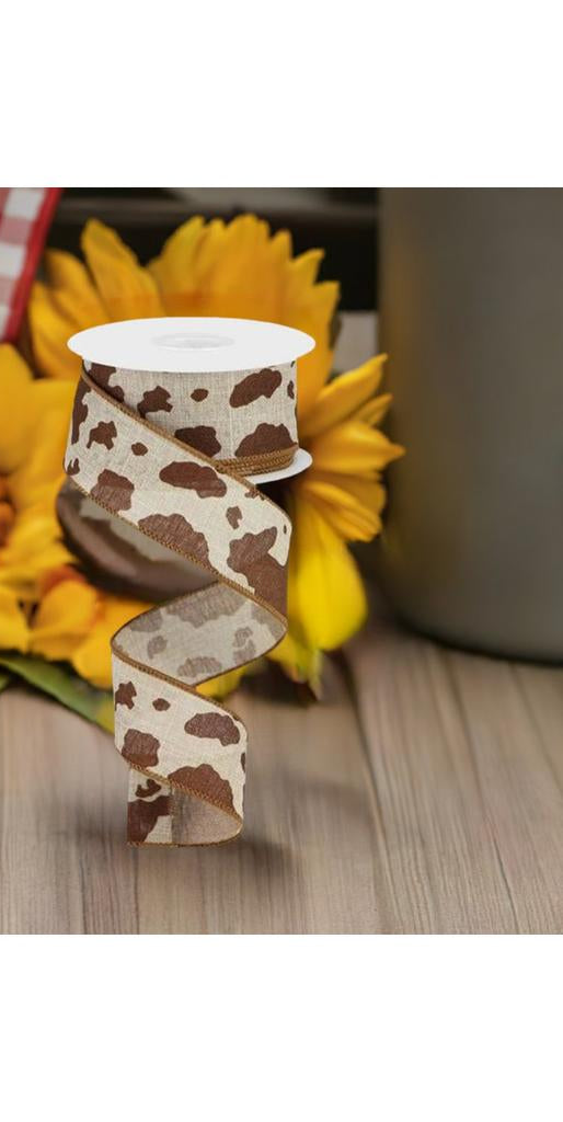 1.5" Cowhide Print Ribbon: Natural & Brown (10 Yards) - Michelle's aDOORable Creations - Wired Edge Ribbon