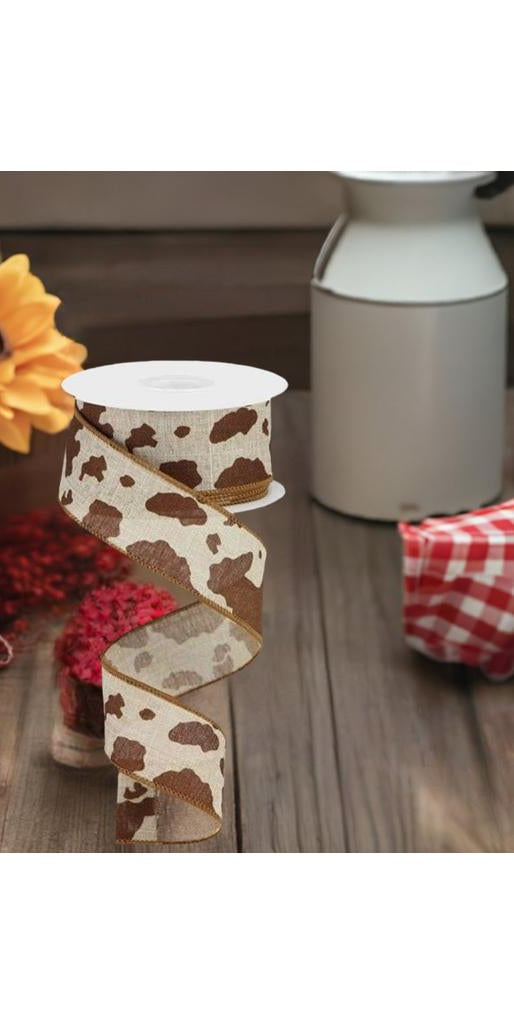 1.5" Cowhide Print Ribbon: Natural & Brown (10 Yards) - Michelle's aDOORable Creations - Wired Edge Ribbon