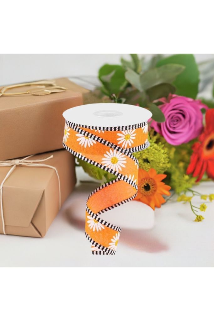 1.5" Daisy Stripe Royal Ribbon: New Orange (10 Yards) - Michelle's aDOORable Creations - Wired Edge Ribbon