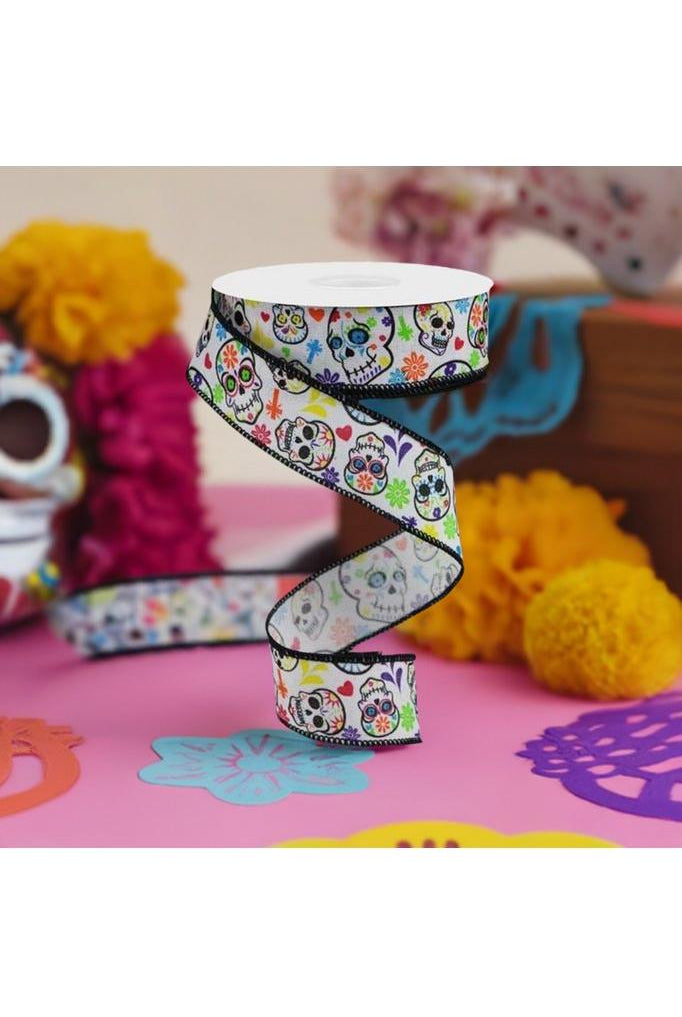 1.5" Day of the Dead Ribbon: White (10 Yards) - Michelle's aDOORable Creations - Wired Edge Ribbon