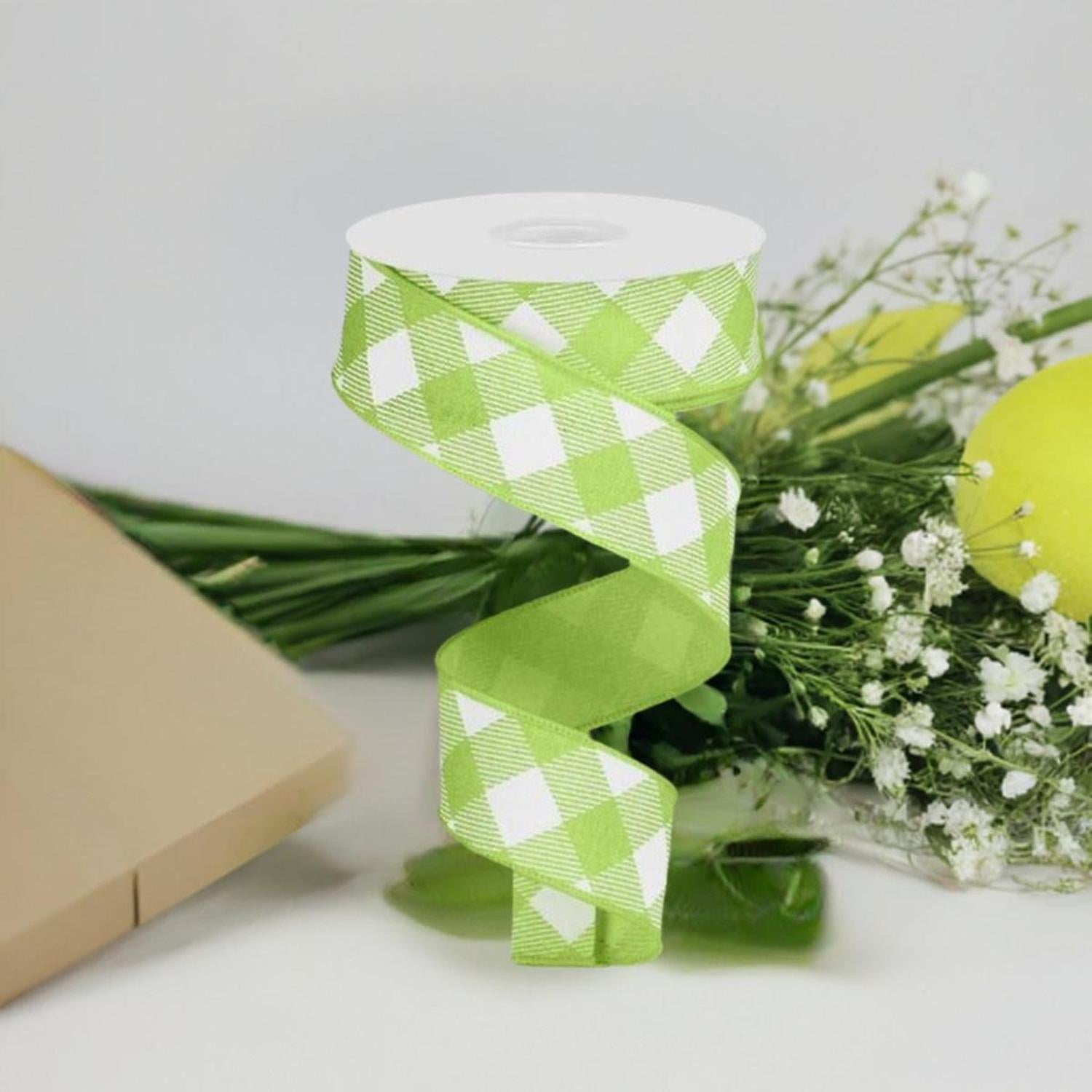 1.5" Diagonal Check On Royal Ribbon: Bright Green & White (10 Yards)