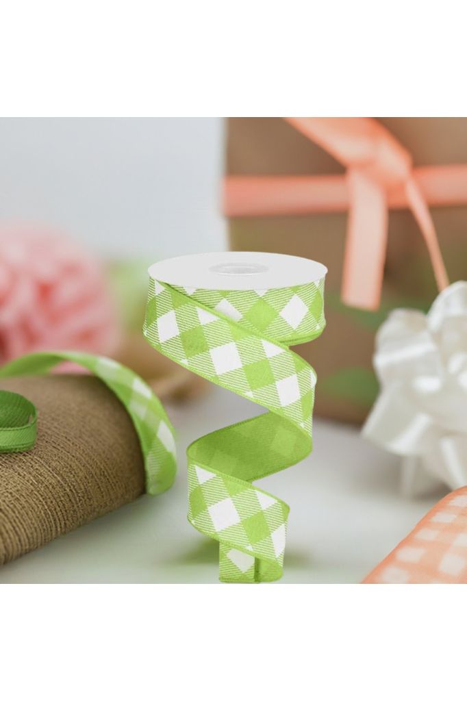 Shop For 1.5" Diagonal Check On Royal Ribbon: Bright Green & White (10 Yards) at Michelle's aDOORable Creations