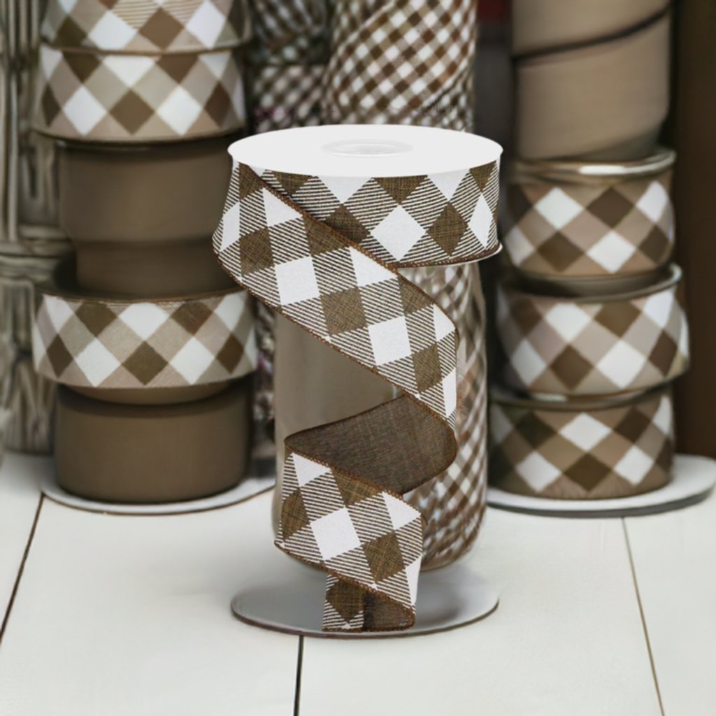 Shop For 1.5" Diagonal Check On Royal Ribbon: Brown & White (10 Yards) at Michelle's aDOORable Creations