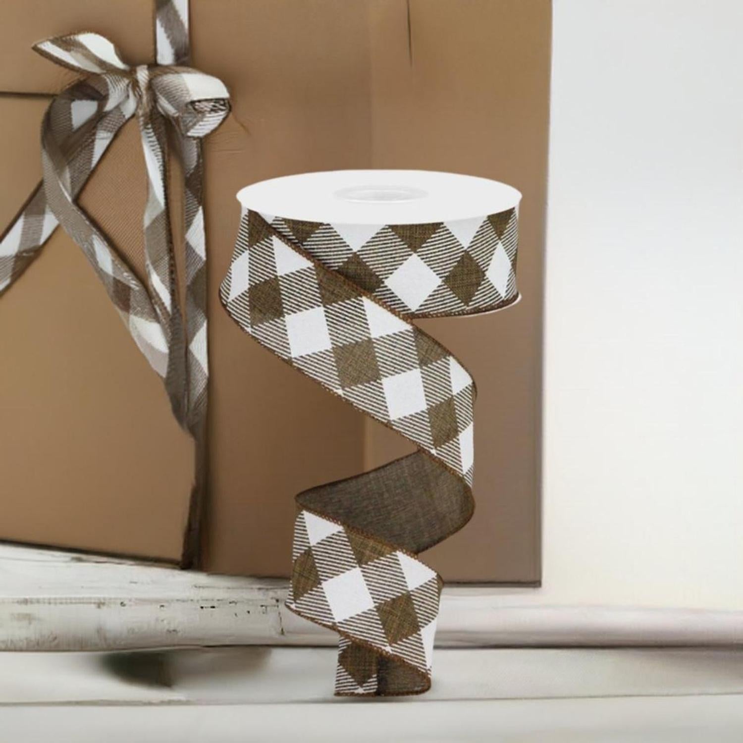 1.5" Diagonal Check On Royal Ribbon: Brown & White (10 Yards)