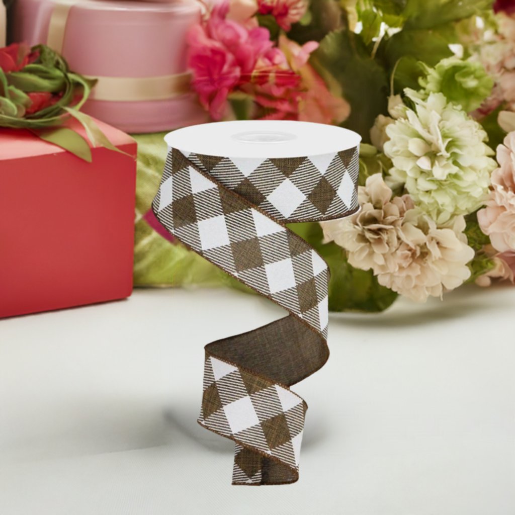 Shop For 1.5" Diagonal Check On Royal Ribbon: Brown & White (10 Yards) at Michelle's aDOORable Creations