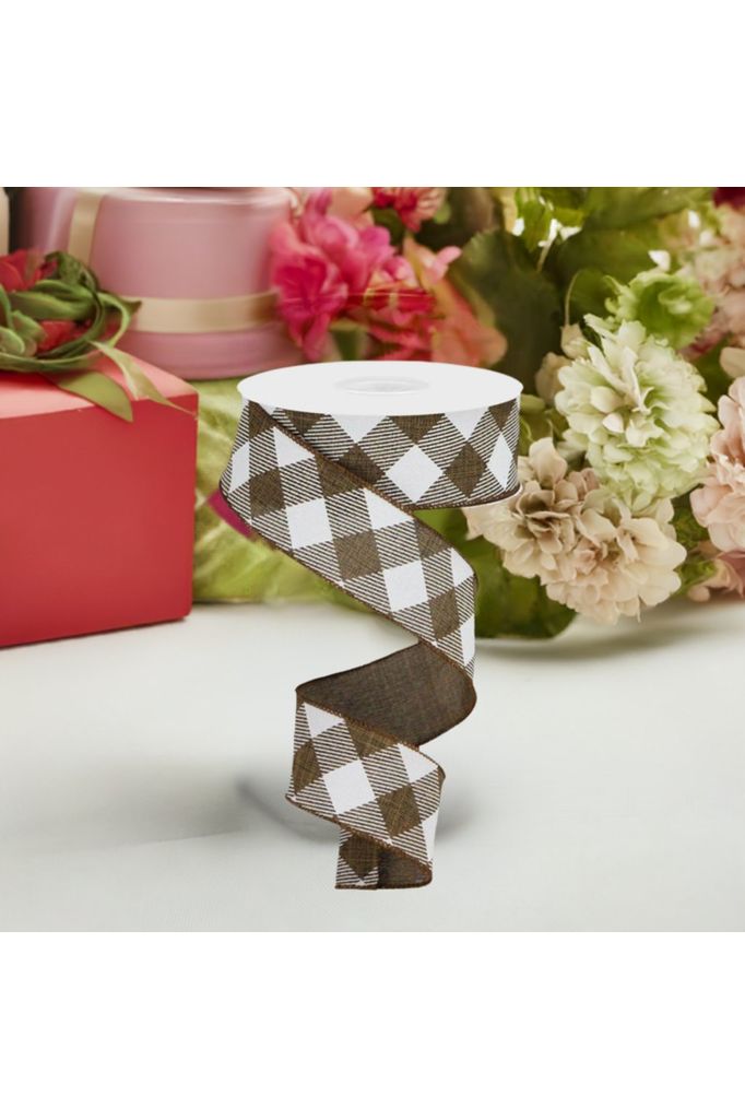 Shop For 1.5" Diagonal Check On Royal Ribbon: Brown & White (10 Yards) at Michelle's aDOORable Creations