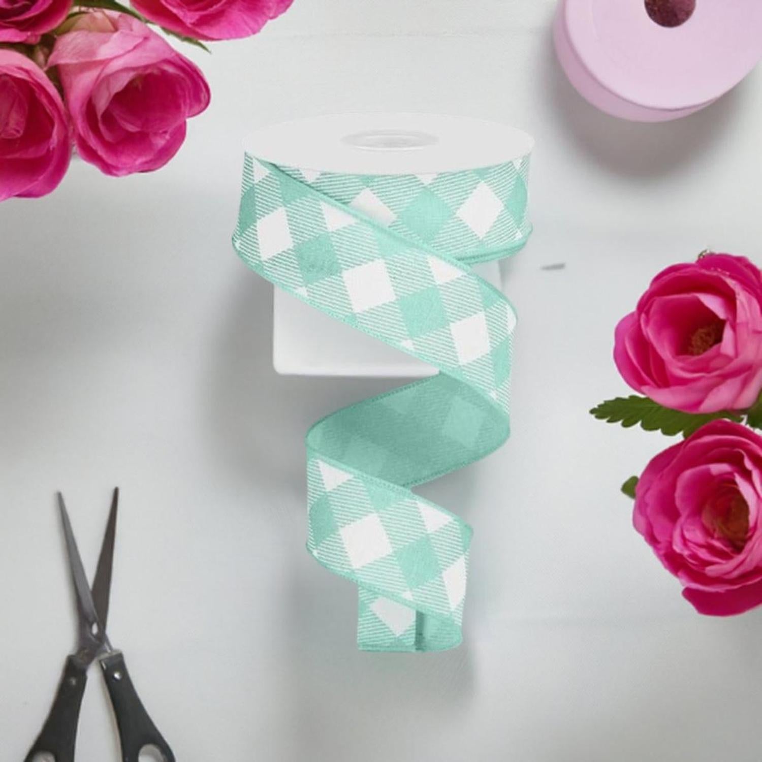 1.5" Diagonal Check On Royal Ribbon: Mint Green & White (10 Yards)