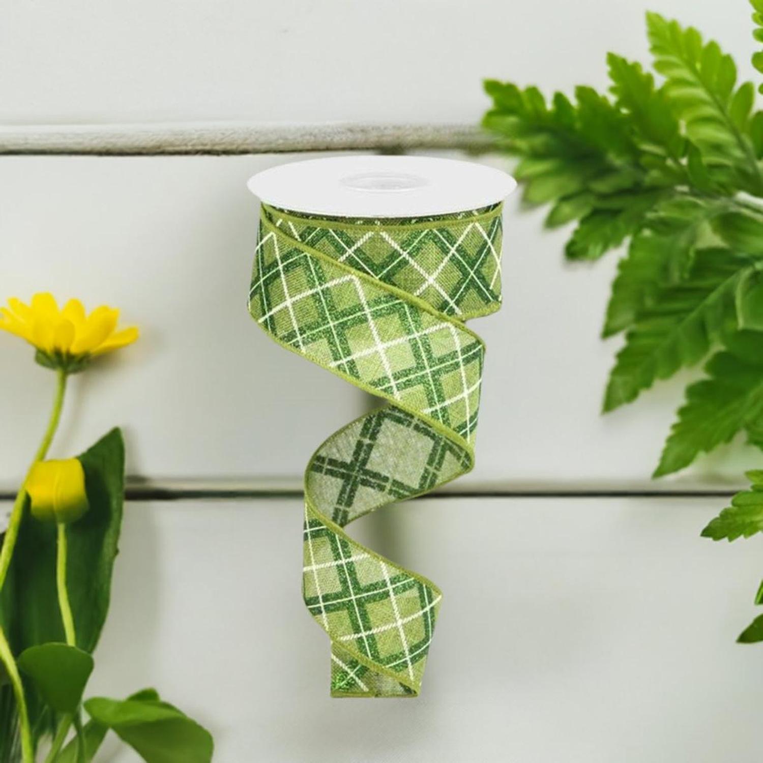 Shop For 1.5" Diagonal Glitter Check Ribbon: Moss Green (10 Yards) at Michelle's aDOORable Creations