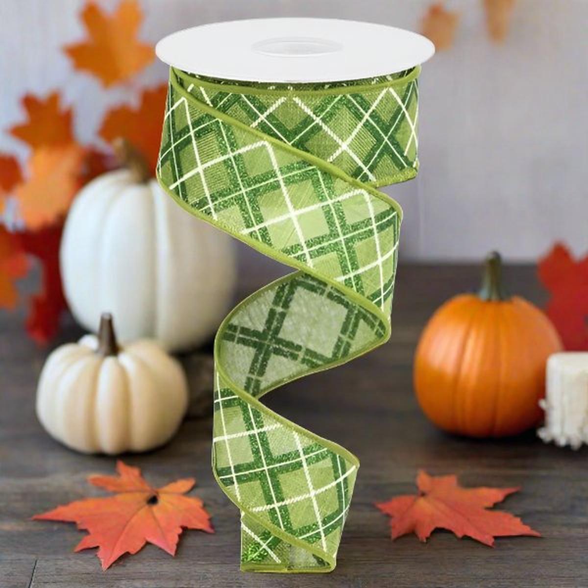 Shop For 1.5" Diagonal Glitter Check Ribbon: Moss Green (10 Yards) at Michelle's aDOORable Creations