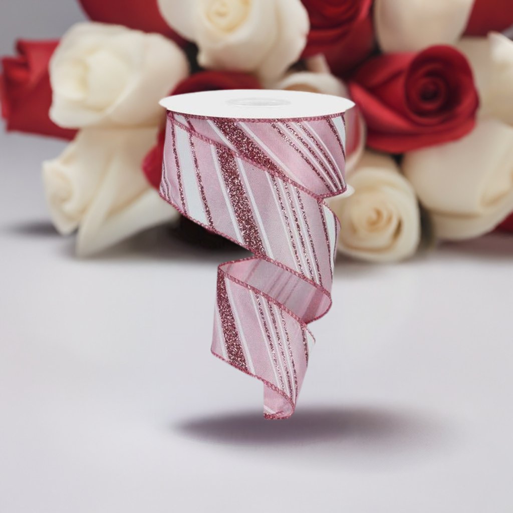 Shop For 1.5" Diagonal Line Glitter Ribbon: Pink (10 Yards) at Michelle's aDOORable Creations