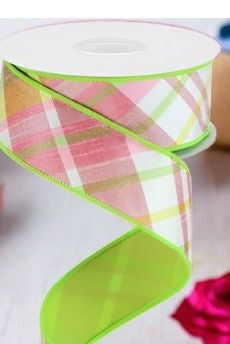1.5" Diagonal Plaid Fused Ribbon: Spring Green (10 Yards) - Michelle's aDOORable Creations - Wired Edge Ribbon