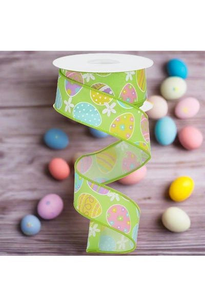 1.5" Easter Eggs on Royal Ribbon: Green (10 Yards) - Michelle's aDOORable Creations - Wired Edge Ribbon