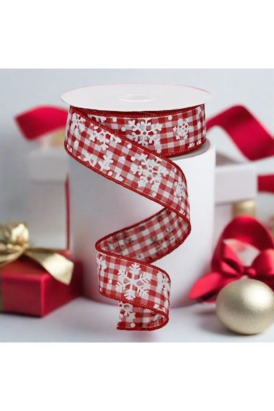 1.5" Falling Snow Check Ribbon: Red (10 Yards) - Michelle's aDOORable Creations - Wired Edge Ribbon