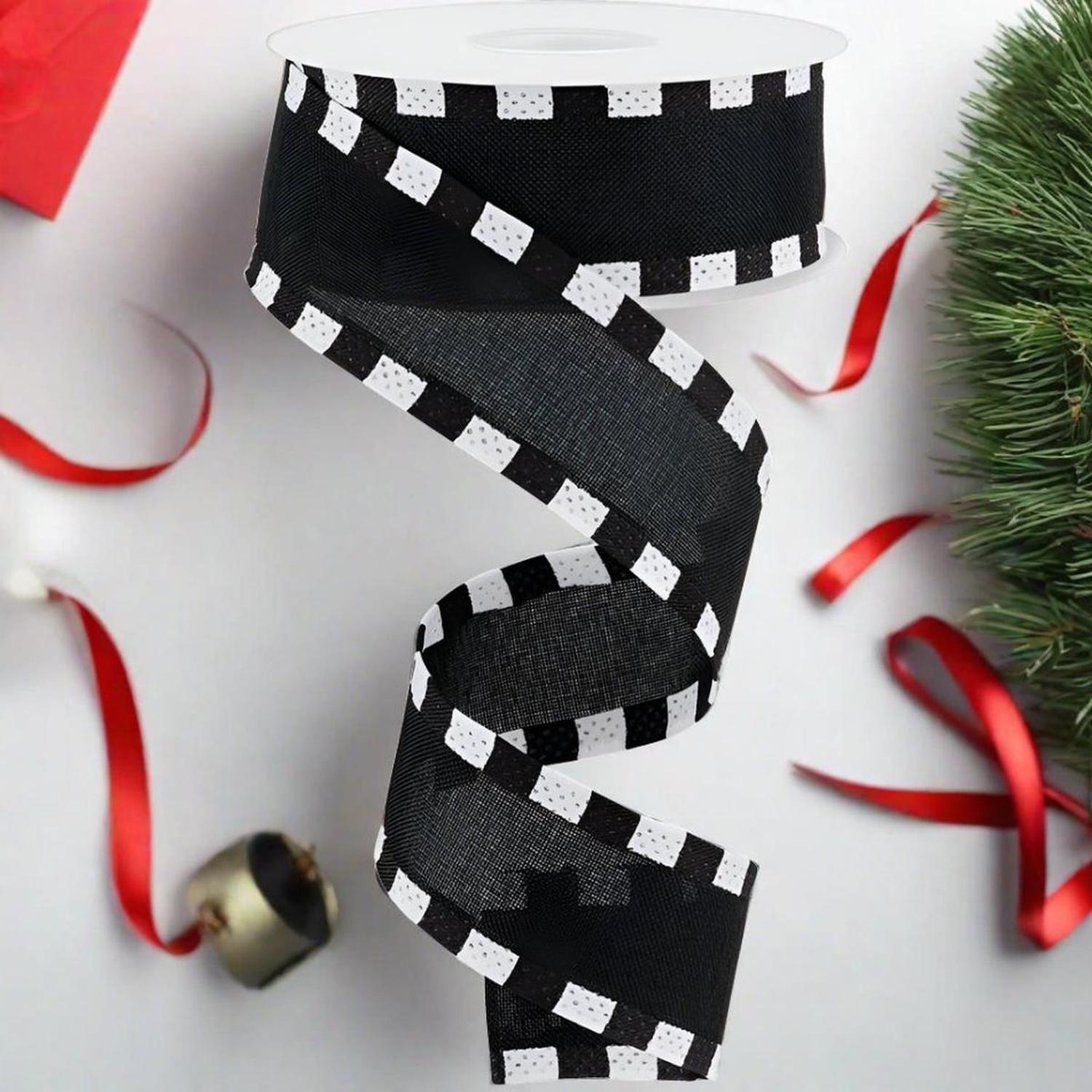 1.5" Faux Royal Burlap/Stripe Edge Ribbon: Black (10 Yards)