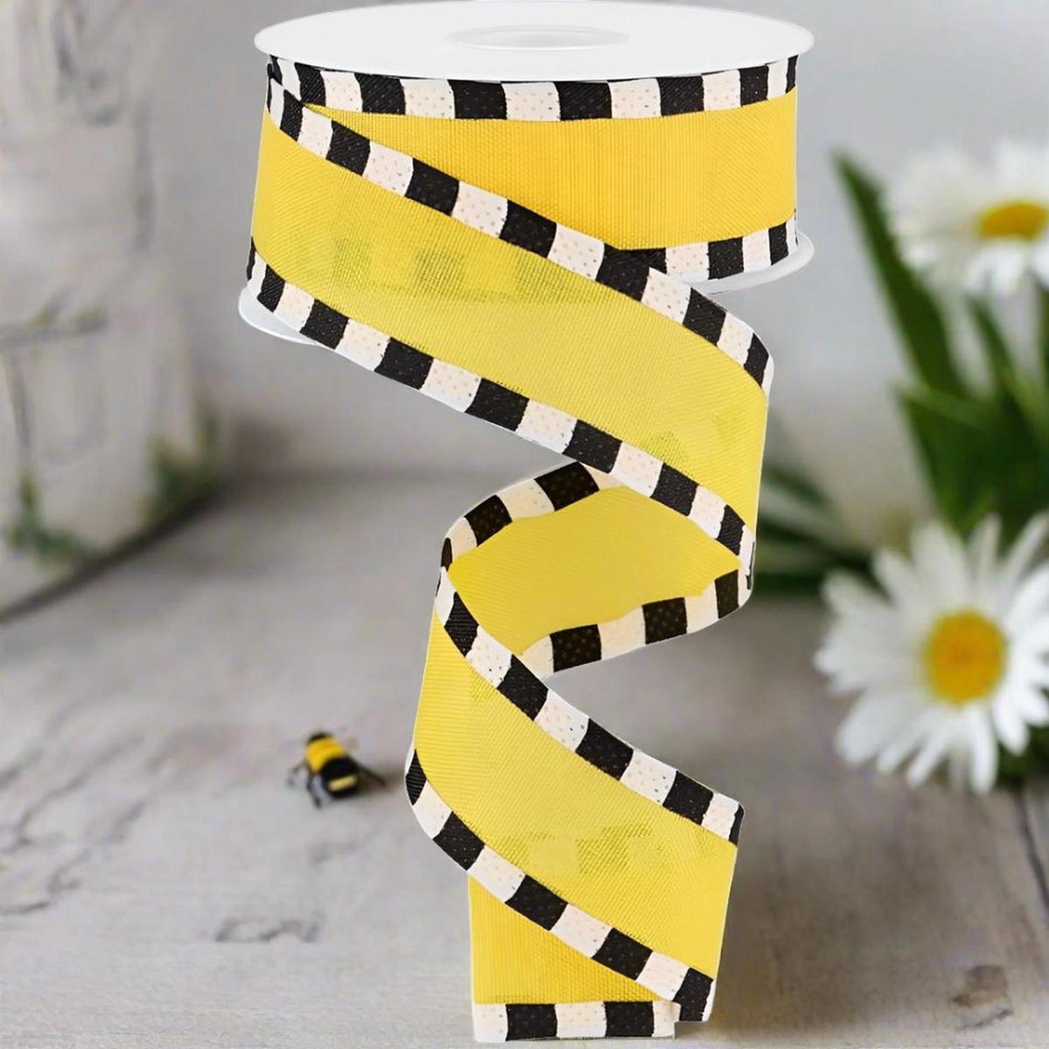 1.5" Faux Royal Burlap/Stripe Edge Ribbon: Yellow (10 Yards)