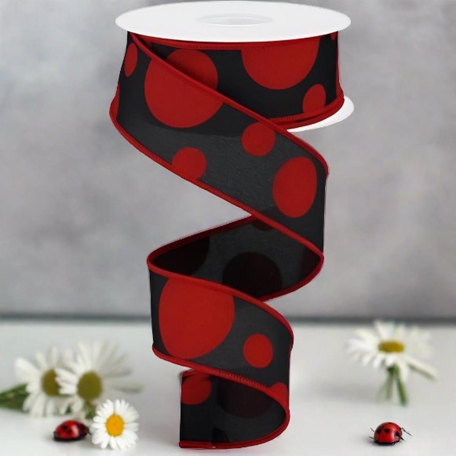 1.5" Giant Three Size Polka Dot Ribbon: Black & Red (10 Yards)