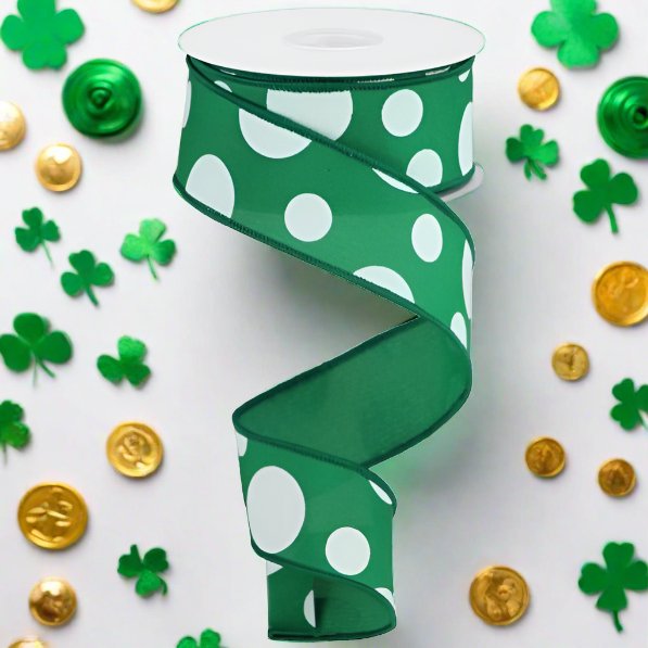 Shop For 1.5" Giant Three Size Polka Dot Ribbon: Emerald Green & White (10 Yards) at Michelle's aDOORable Creations