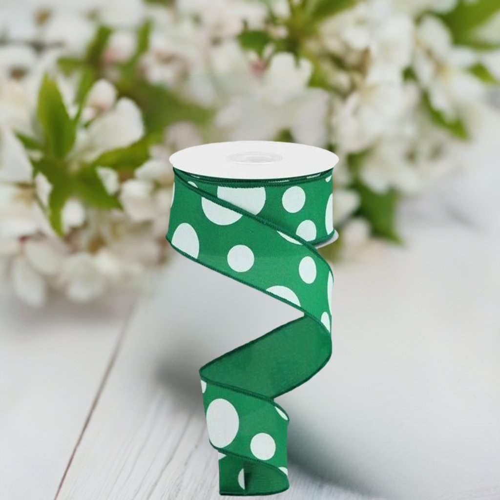 Shop For 1.5" Giant Three Size Polka Dot Ribbon: Emerald Green & White (10 Yards) at Michelle's aDOORable Creations