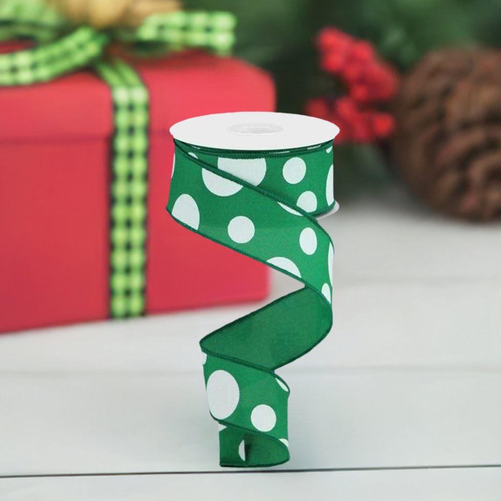 Shop For 1.5" Giant Three Size Polka Dot Ribbon: Emerald Green & White (10 Yards) at Michelle's aDOORable Creations
