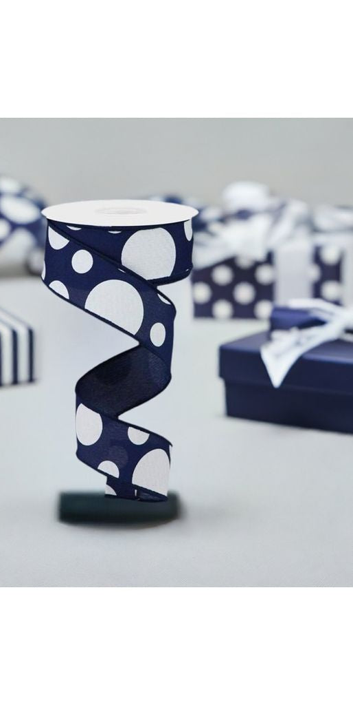 1.5" Giant Three Size Polka Dot Ribbon: Navy Blue (10 Yards) - Michelle's aDOORable Creations - Wired Edge Ribbon