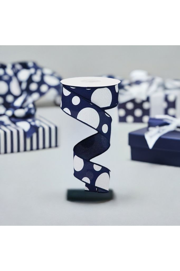 1.5" Giant Three Size Polka Dot Ribbon: Navy Blue (10 Yards) - Michelle's aDOORable Creations - Wired Edge Ribbon
