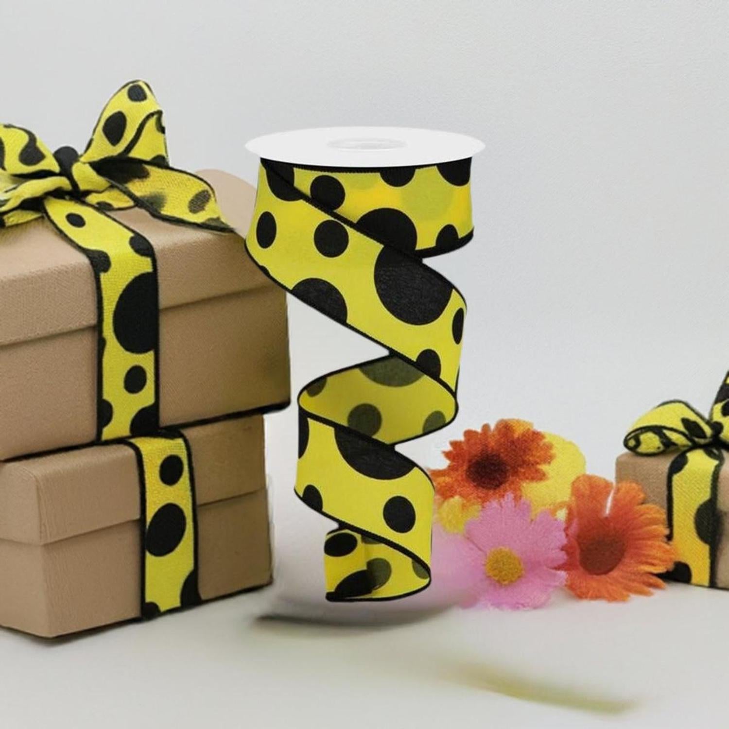 Shop For 1.5" Giant Three Size Polka Dot Ribbon: Yellow & Black (10 Yards) at Michelle's aDOORable Creations