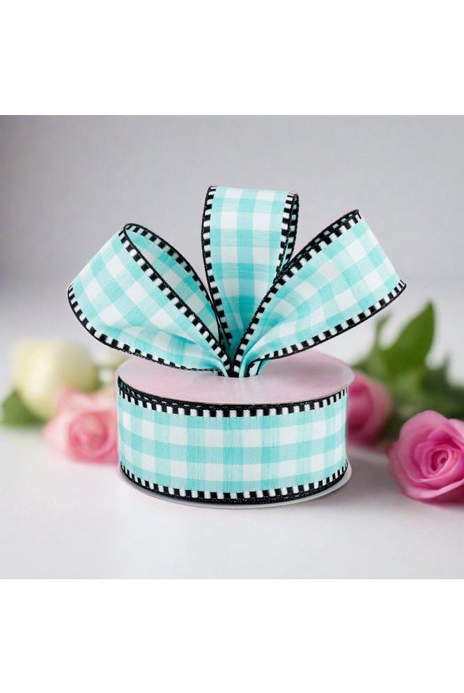 1.5" Gingham Check Ribbon: Turquoise/White (10 Yards) - Michelle's aDOORable Creations - Wired Edge Ribbon