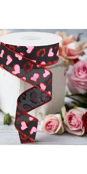 1.5" Heart Leopard Spots Ribbon: Black (10 Yard) - Michelle's aDOORable Creations - Wired Edge Ribbon