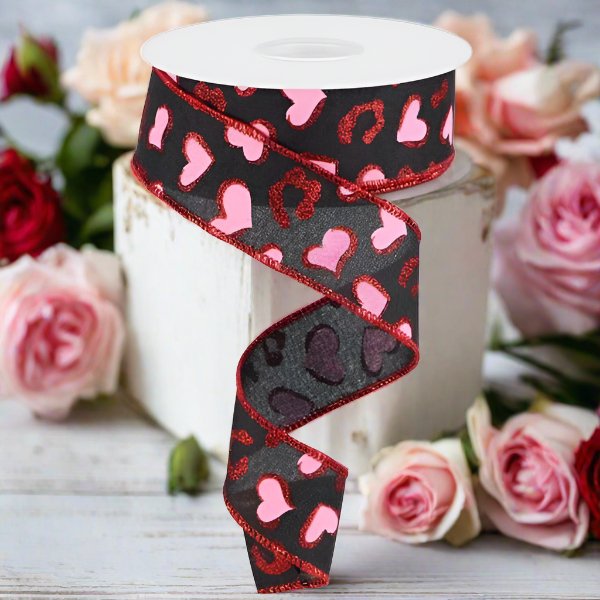 Shop For 1.5" Heart Leopard Spots Ribbon: Black (10 Yard) at Michelle's aDOORable Creations