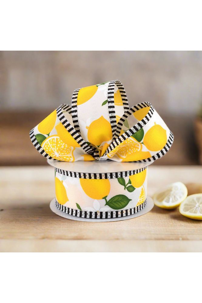 1.5" Lemon Thin Stripes Ribbon: White (10 Yards) - Michelle's aDOORable Creations - Wired Edge Ribbon