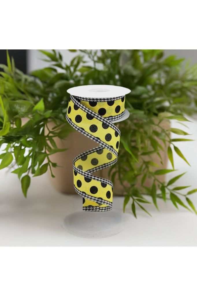 1.5" Medium Polka Dots Gingham Edge: Yellow & Black (10 Yards) - Michelle's aDOORable Creations - Wired Edge Ribbon