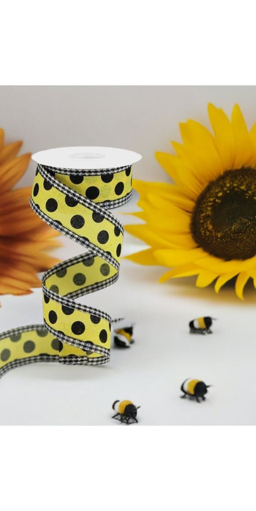 1.5" Medium Polka Dots Gingham Edge: Yellow & Black (10 Yards) - Michelle's aDOORable Creations - Wired Edge Ribbon