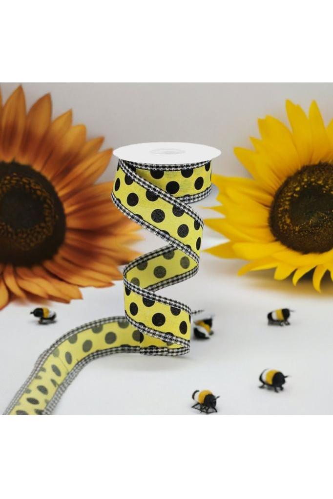 1.5" Medium Polka Dots Gingham Edge: Yellow & Black (10 Yards) - Michelle's aDOORable Creations - Wired Edge Ribbon