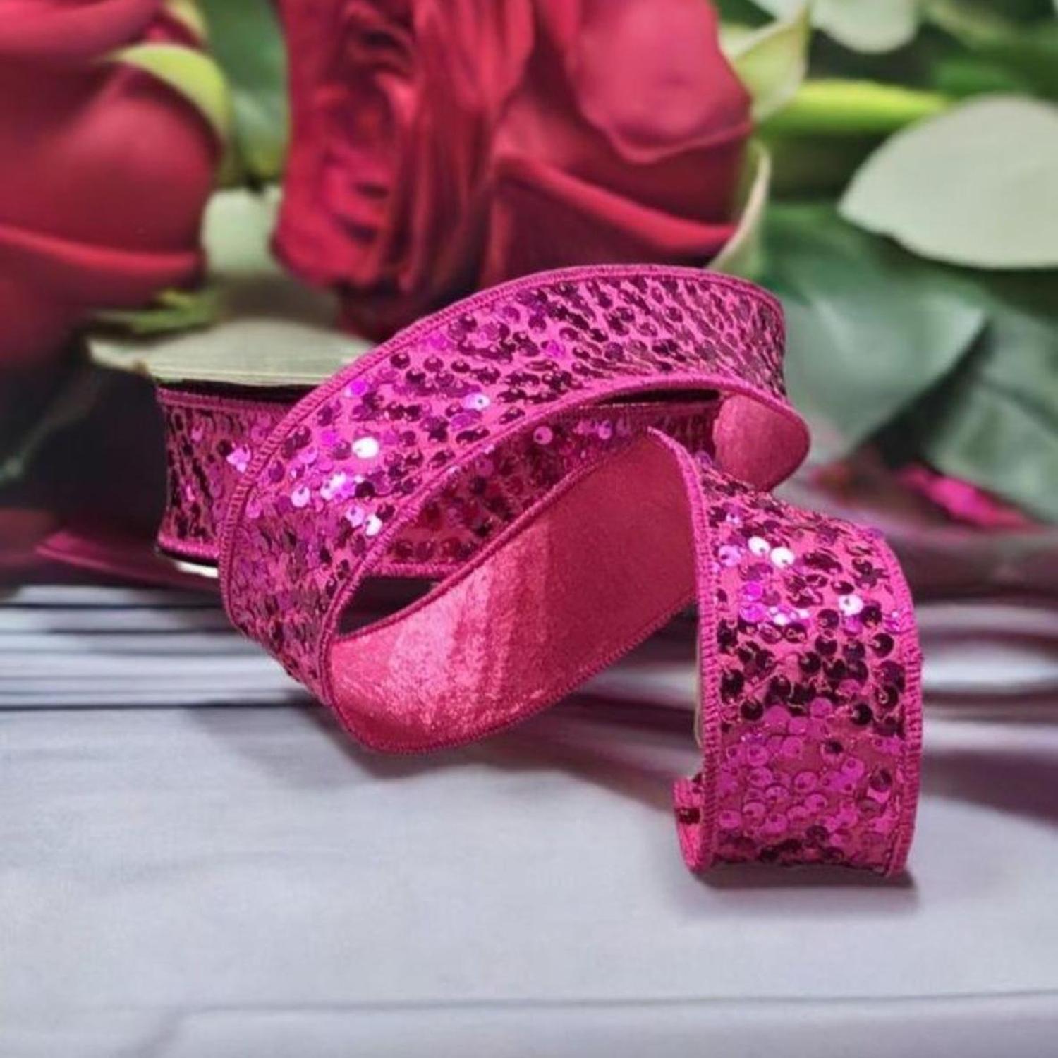 1.5" Metallic Sequin Ribbon: Hot Pink (10 Yards)