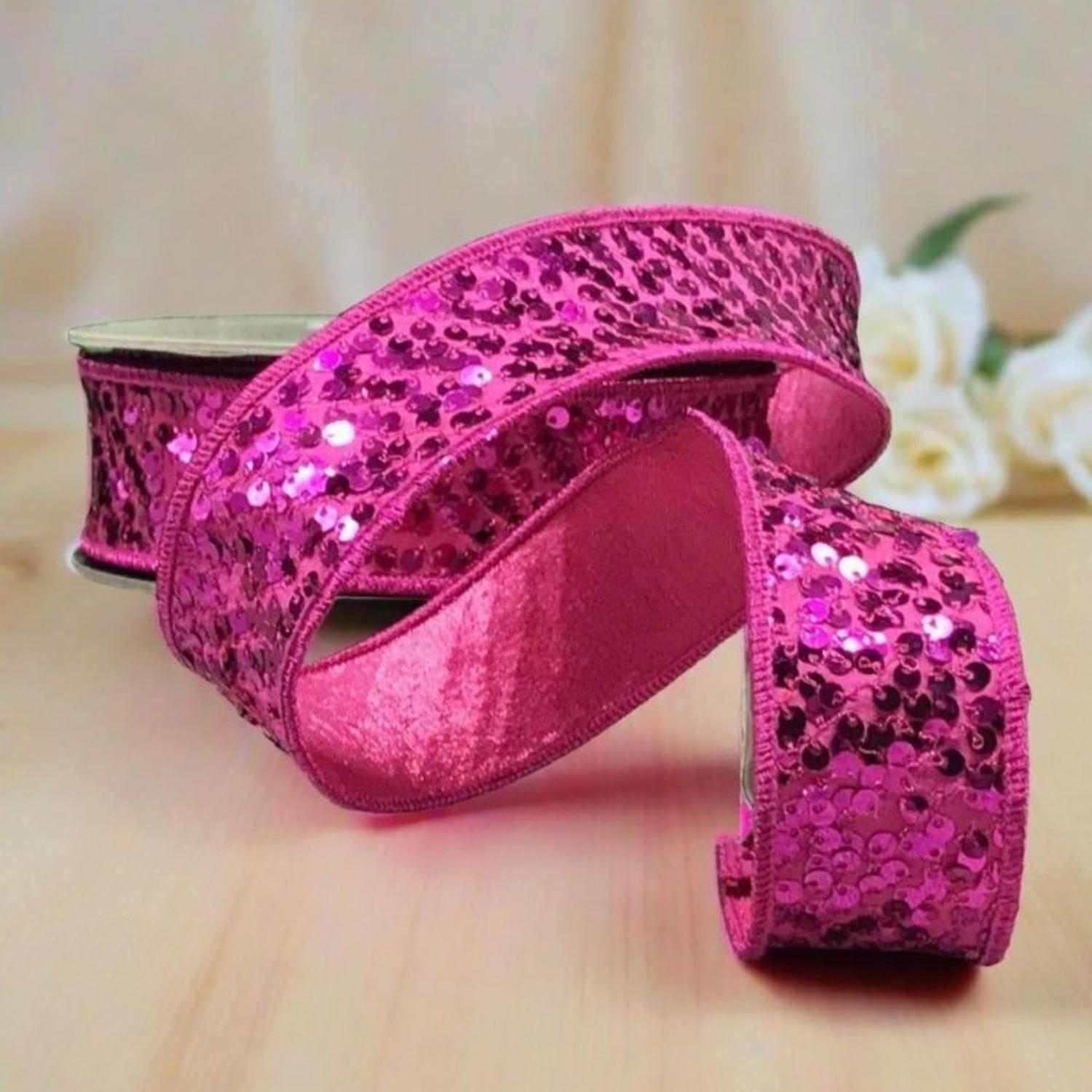 1.5" Metallic Sequin Ribbon: Hot Pink (10 Yards)