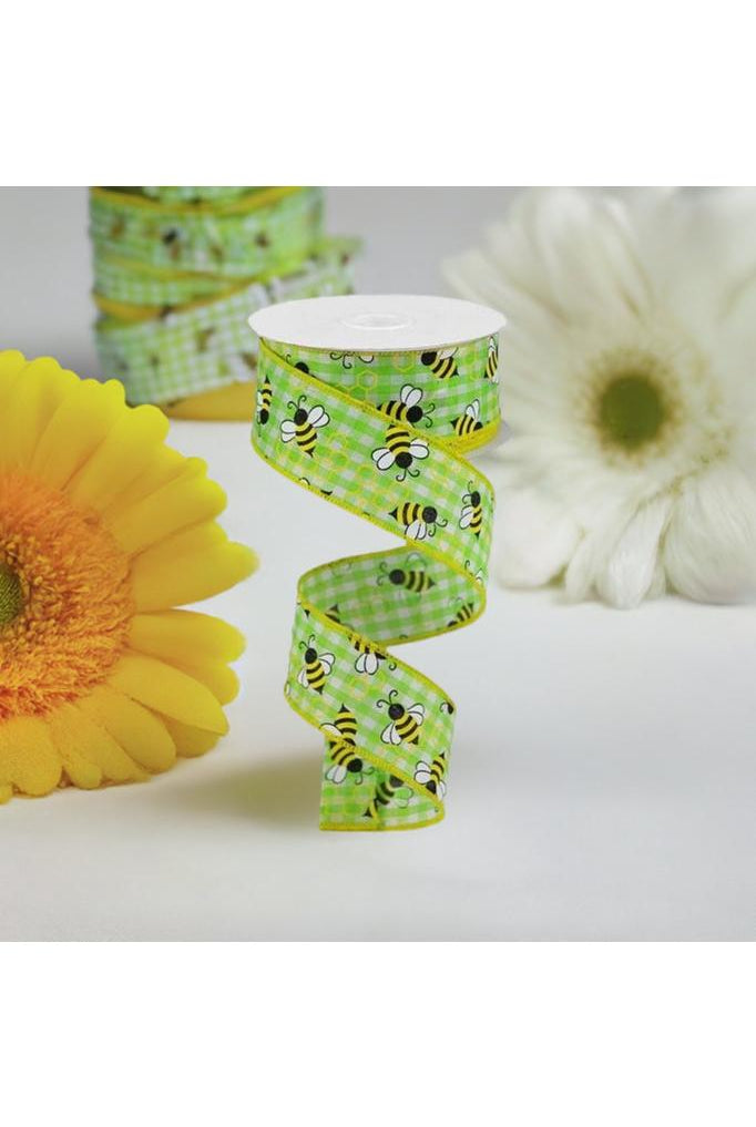 Shop For 1.5" Mini Bumblebees on Check Ribbon: Lime Green (10 Yards) RGA1619WW