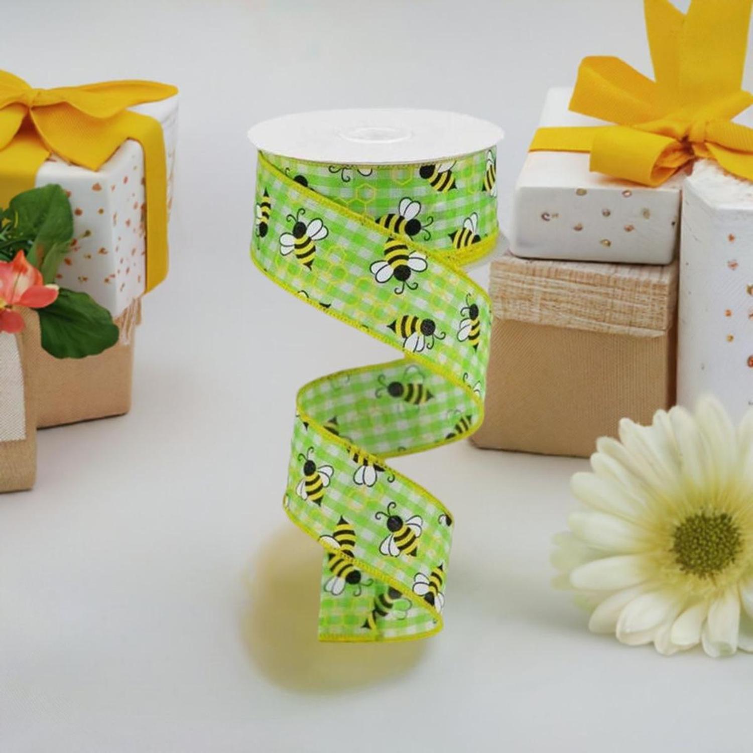 Shop For 1.5" Mini Bumblebees on Check Ribbon: Lime Green (10 Yards) at Michelle's aDOORable Creations