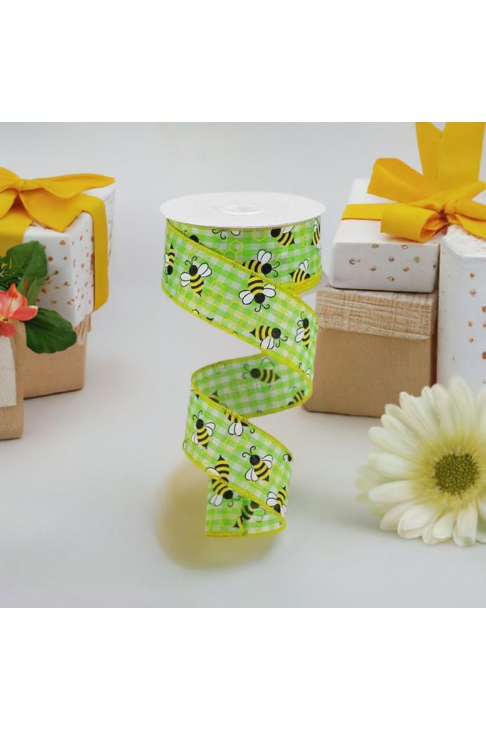 Shop For 1.5" Mini Bumblebees on Check Ribbon: Lime Green (10 Yards) at Michelle's aDOORable Creations