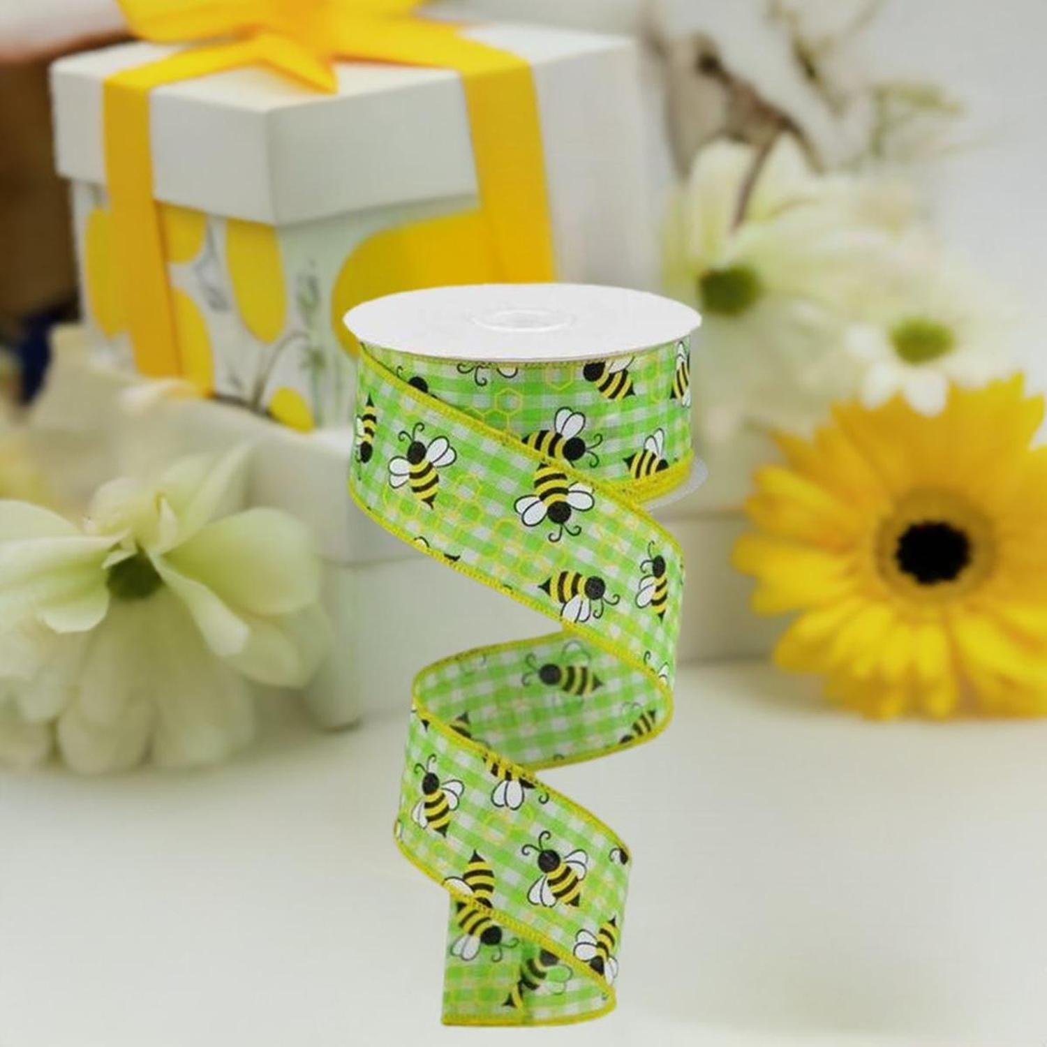 1.5" Mini Bumblebees on Check Ribbon: Lime Green (10 Yards)