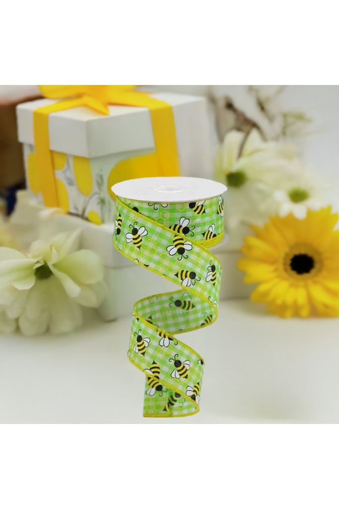 Shop For 1.5" Mini Bumblebees on Check Ribbon: Lime Green (10 Yards) at Michelle's aDOORable Creations