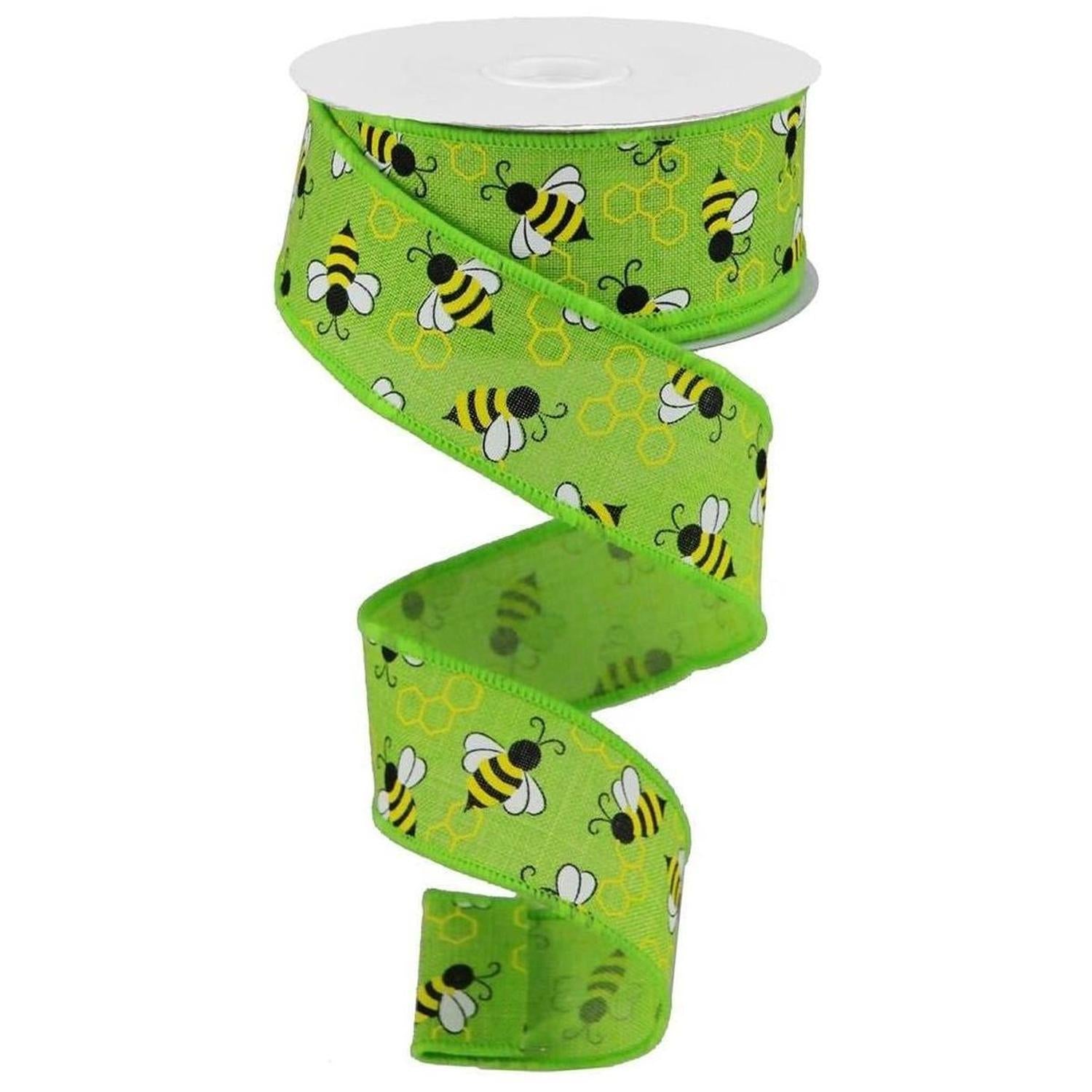 1.5" Mini Bumblebees on Royal Ribbon: Lime Green (10 Yards)