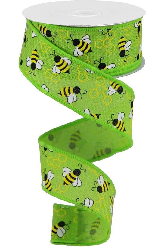 1.5" Mini Bumblebees on Royal Ribbon: Lime Green (10 Yards) - Michelle's aDOORable Creations - Wired Edge Ribbon