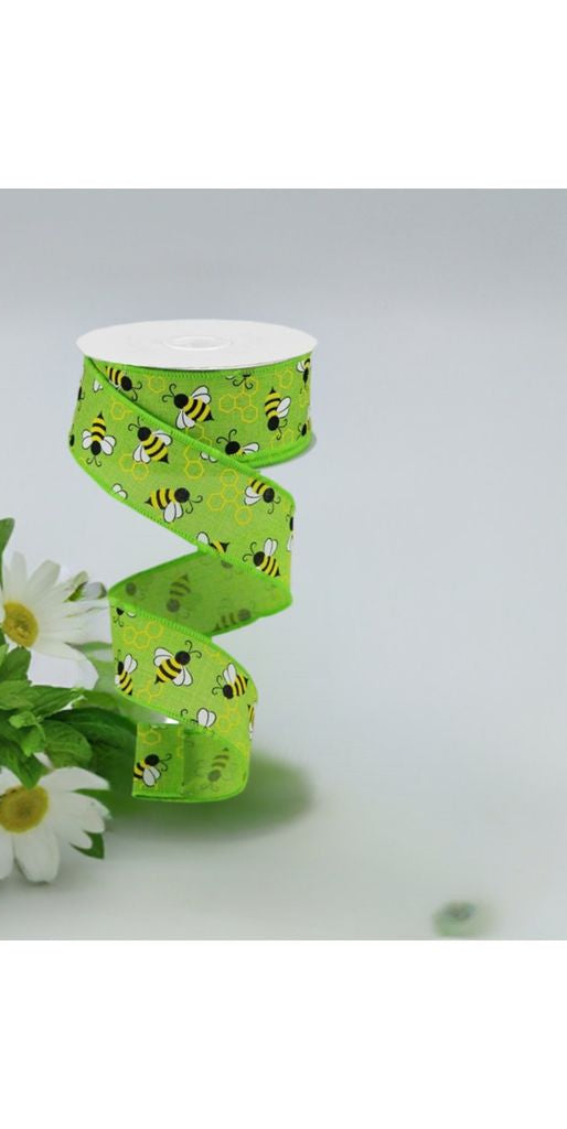 1.5" Mini Bumblebees on Royal Ribbon: Lime Green (10 Yards) - Michelle's aDOORable Creations - Wired Edge Ribbon