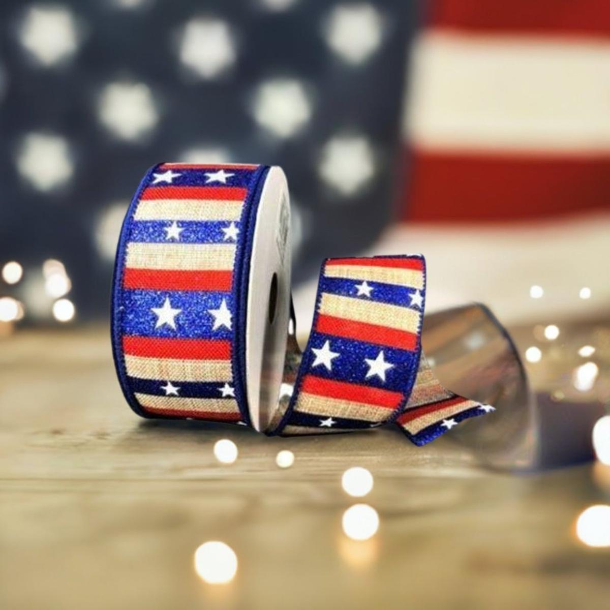 Shop For 1.5" Navy Glitter Stripes With Stars Ribbon: Natural (10 Yards) at Michelle's aDOORable Creations