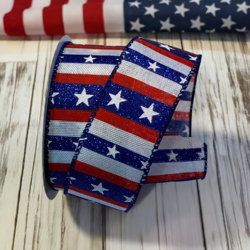 Shop For 1.5" Navy Glitter Stripes With Stars Ribbon: White (10 Yards) at Michelle's aDOORable Creations